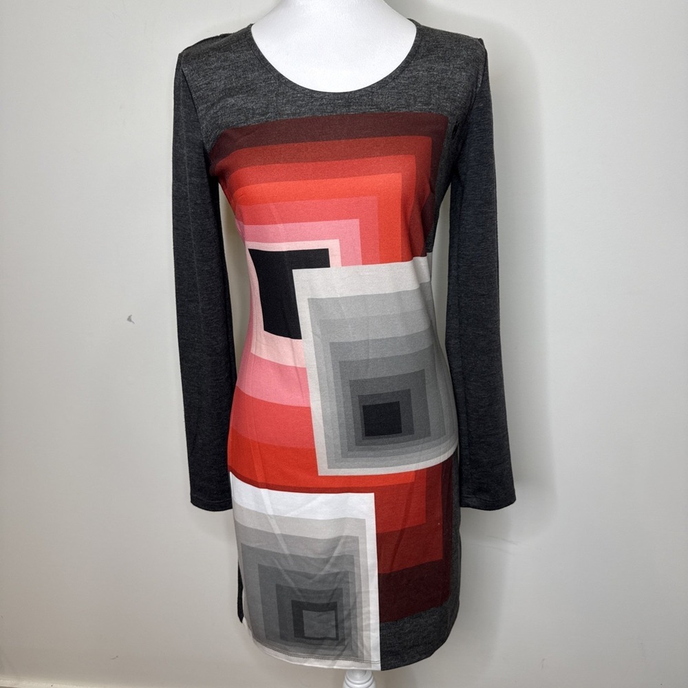 Desigual Geometric Dress S Gray Art to Wear Abstract Long Sleeve Boho Embroider